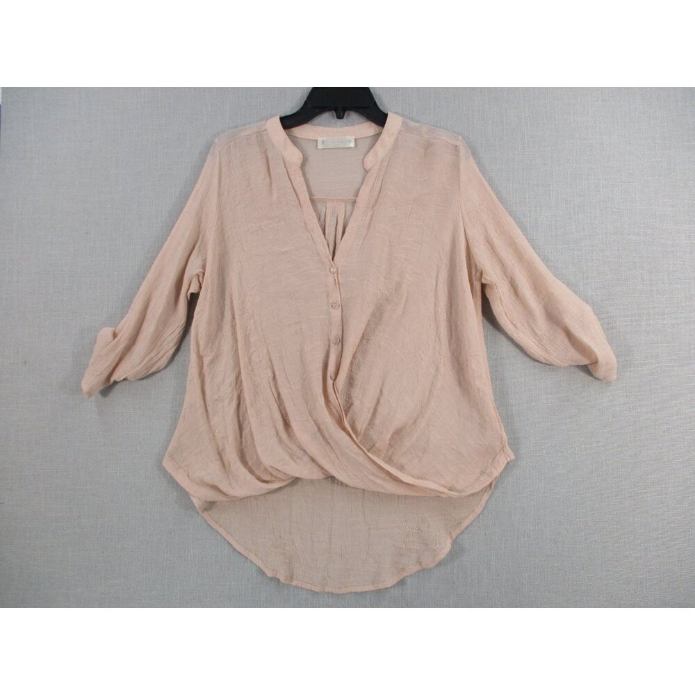Simi Sue Womens Blush Pink High-Low‎ Button-Front Blouse L Rayon Polyester